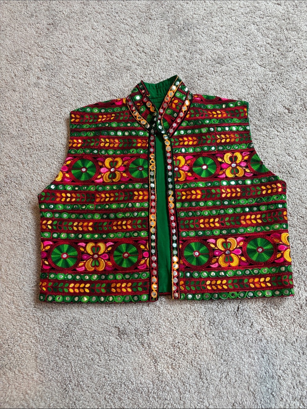 Embroidered Multicolor Boho Vest - Green, Pink & Yellow